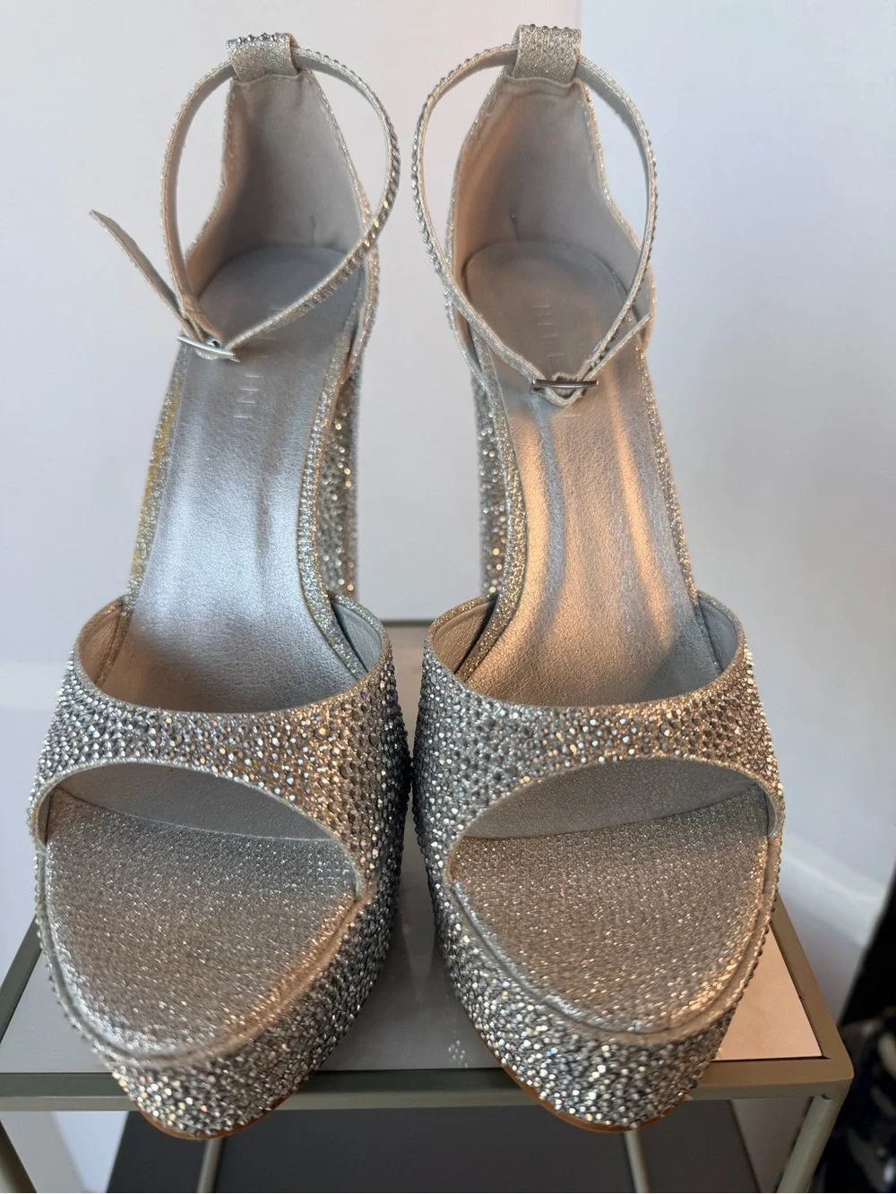 Silver Crystal Platform Block Heel Sandals